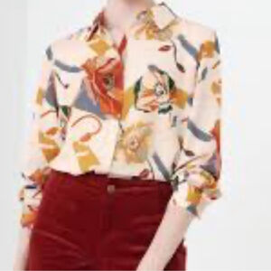 CLEO Floral Print Women's Top relaxed fit crepe blouse button up cream brown XL